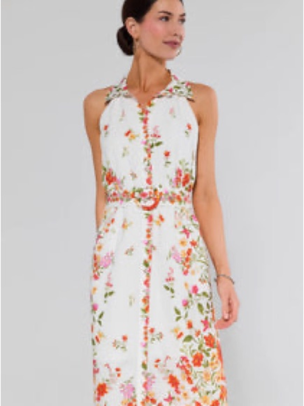 Embroidered Floral Halter Midi Dress in White